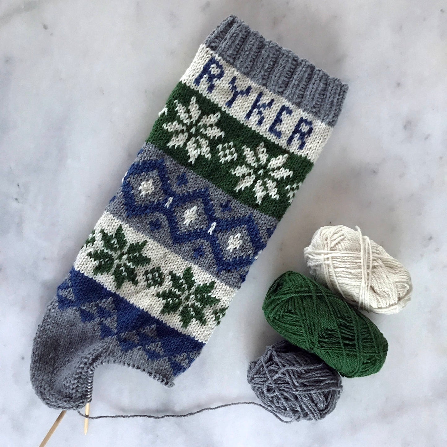 Personalized Christmas Stocking, Hand knit Christmas Stocking, Nordic Night, Nordic Fair Isle Stocking, leather tag, holiday stocking