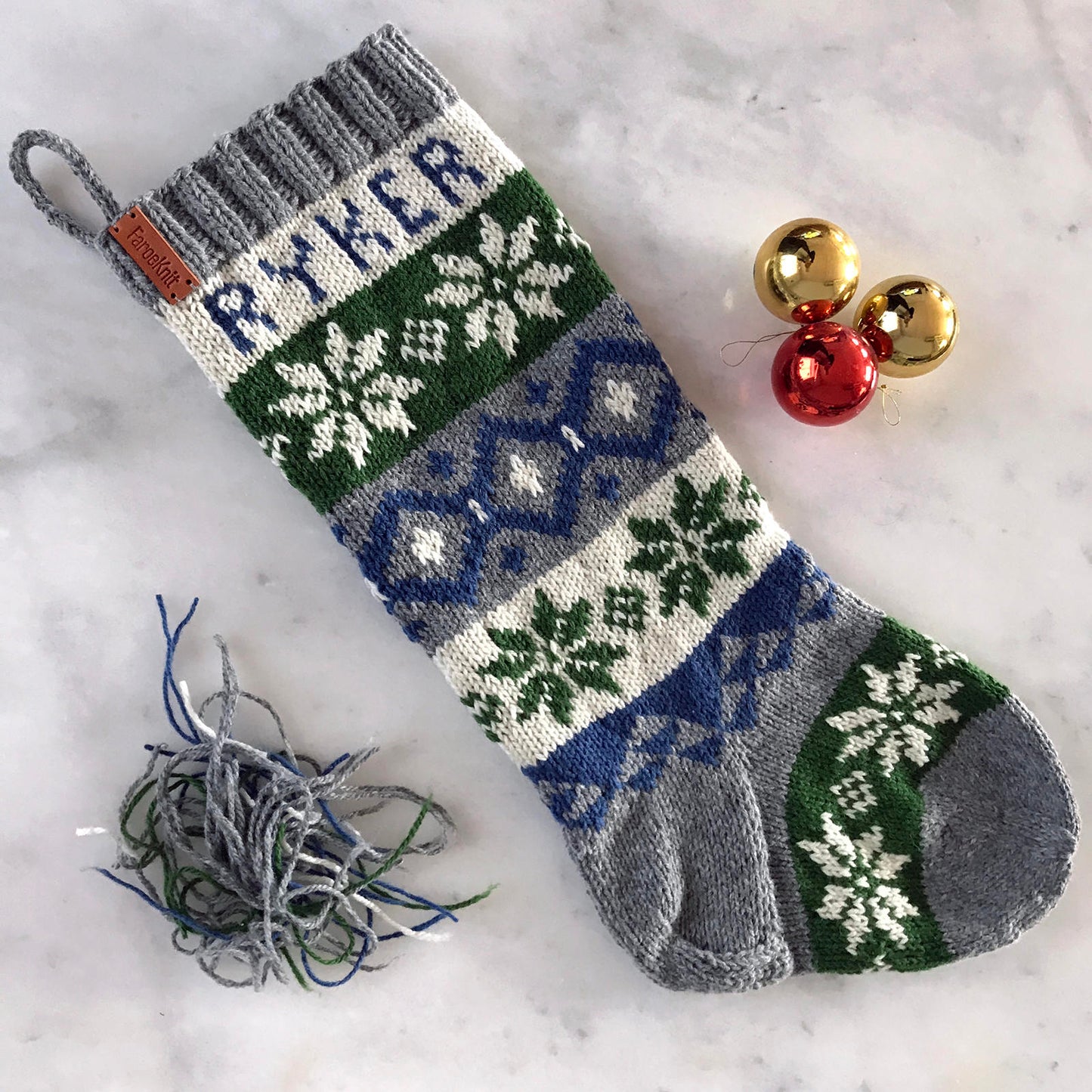 Personalized Christmas Stocking, Hand knit Christmas Stocking, Nordic Night, Nordic Fair Isle Stocking, leather tag, holiday stocking